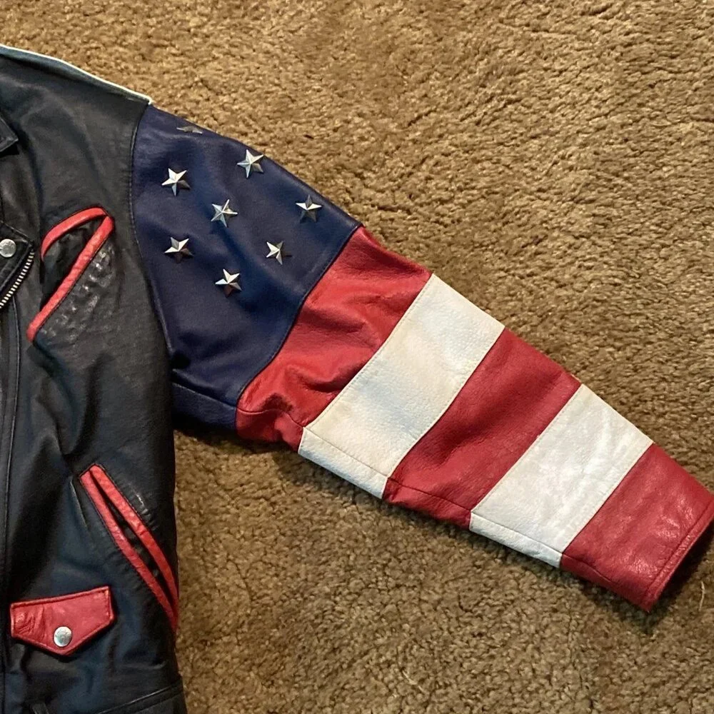 Vintage Phase 2 Leather Jacket Mens Size S American Flag Biker USA Studded Stars - Picture 6 of 16